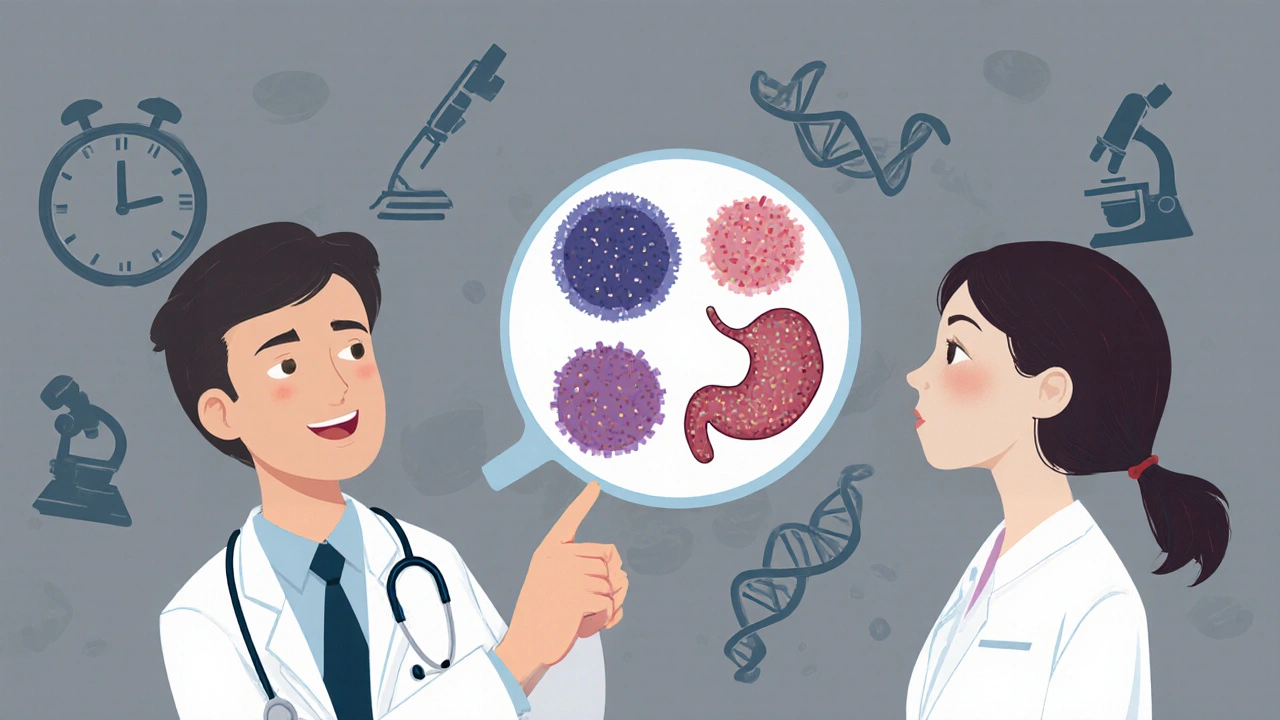 Médico explica tres tipos de pólipos con ilustraciones detalladas en fondo médico minimalista.