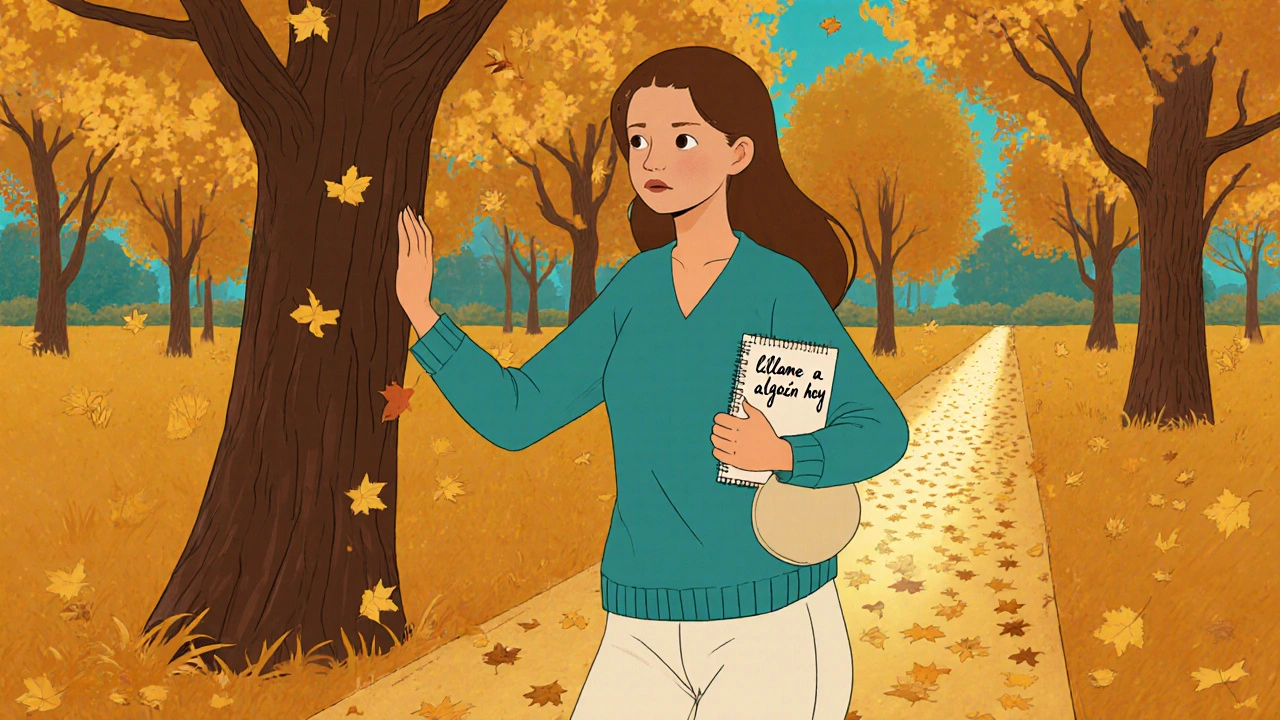 Mujer caminando en un parque otoñal, tocando un árbol, con un cuaderno que dice &#039;llamé a alguien hoy&#039;.