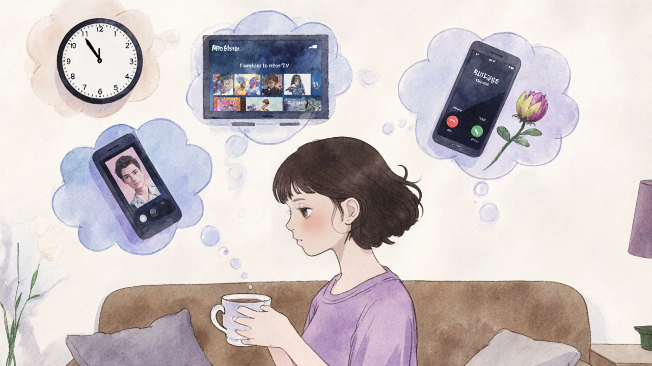 Mujer en su salón con burbujas de pensamiento mostrando momentos de ansiedad y soledad.