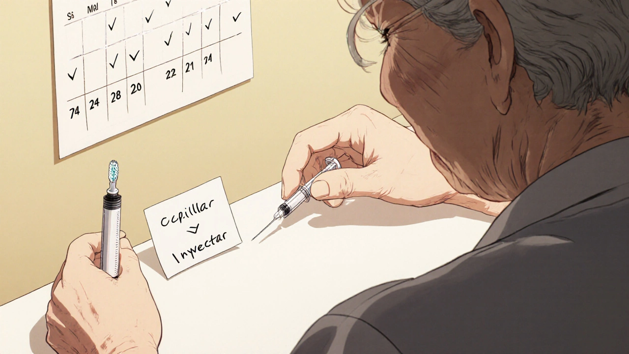 Mujer mayor colocando la jeringa de insulina junto al cepillo de dientes.