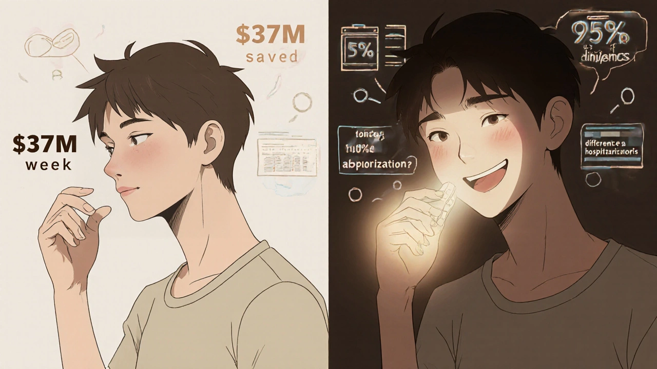 Paciente cambiando de duda a alegría al tomar pastillas genéricas, con datos de ahorro y adherencia flotando.