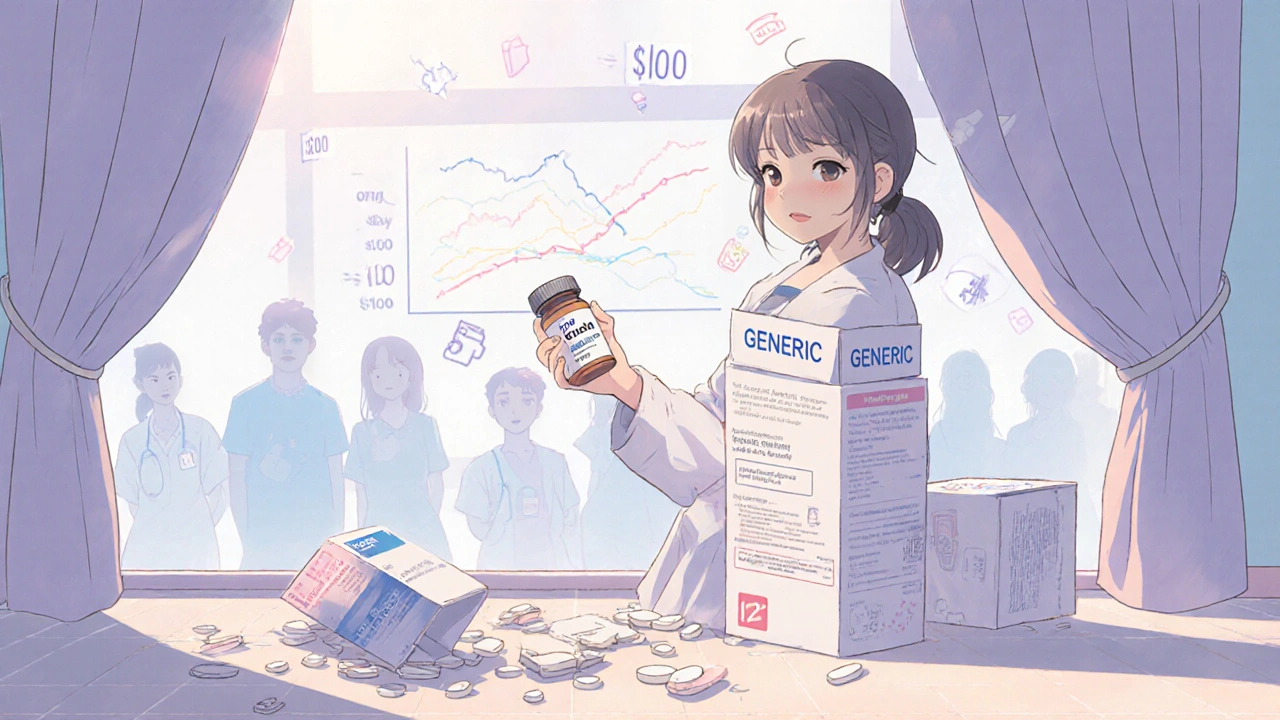 Paciente sostiene un medicamento genérico mientras una caja de marca se rompe, con gráficos mostrando la caída de precios.