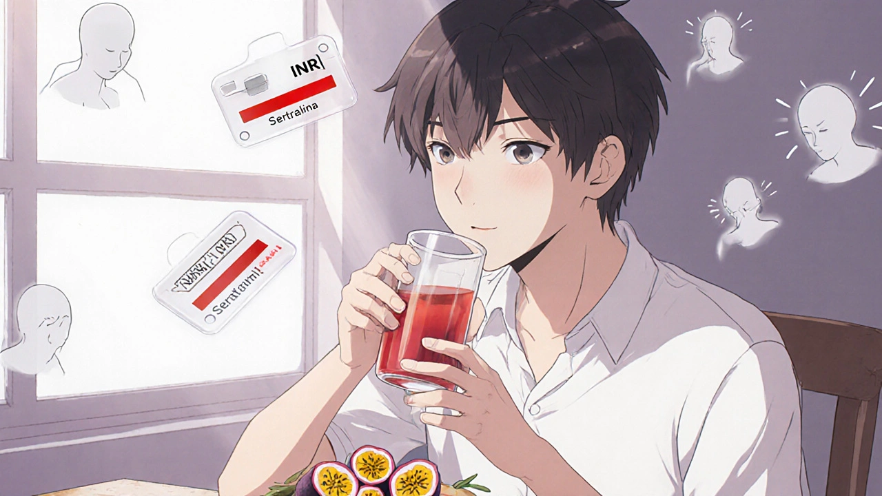 Persona bebiendo jugo de uva de la pasión mientras símbolos de peligro suben sobre pastillas de medicamentos.