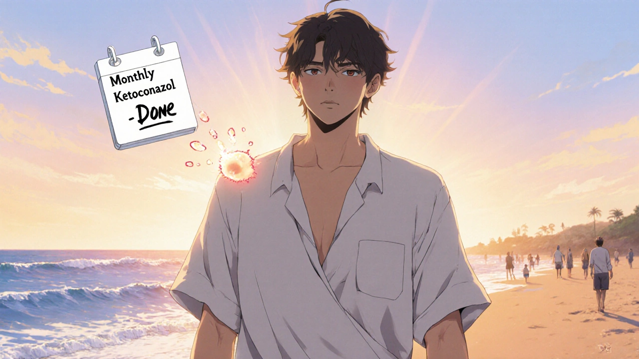 Persona camina por la playa con piel uniforme, espora fúngica desapareciendo, símbolo de prevención mensual.