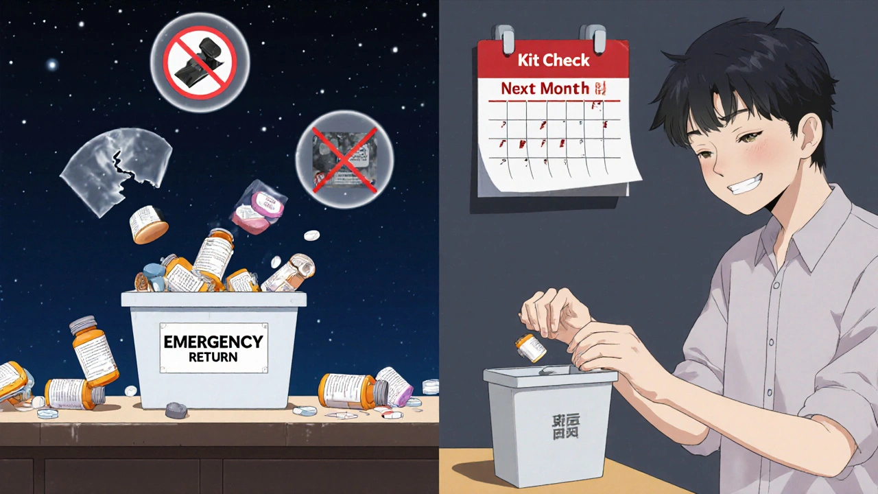 Persona descartando medicamentos vencidos en farmacia mientras añade nuevos al kit de emergencia, calendario marcado.