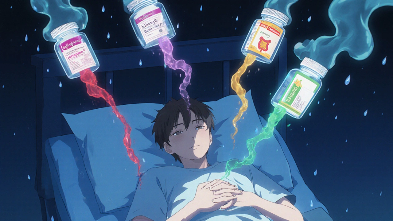 Persona en cama con pastillas flotantes emitiendo humo que representa reacciones adversas a excipientes.