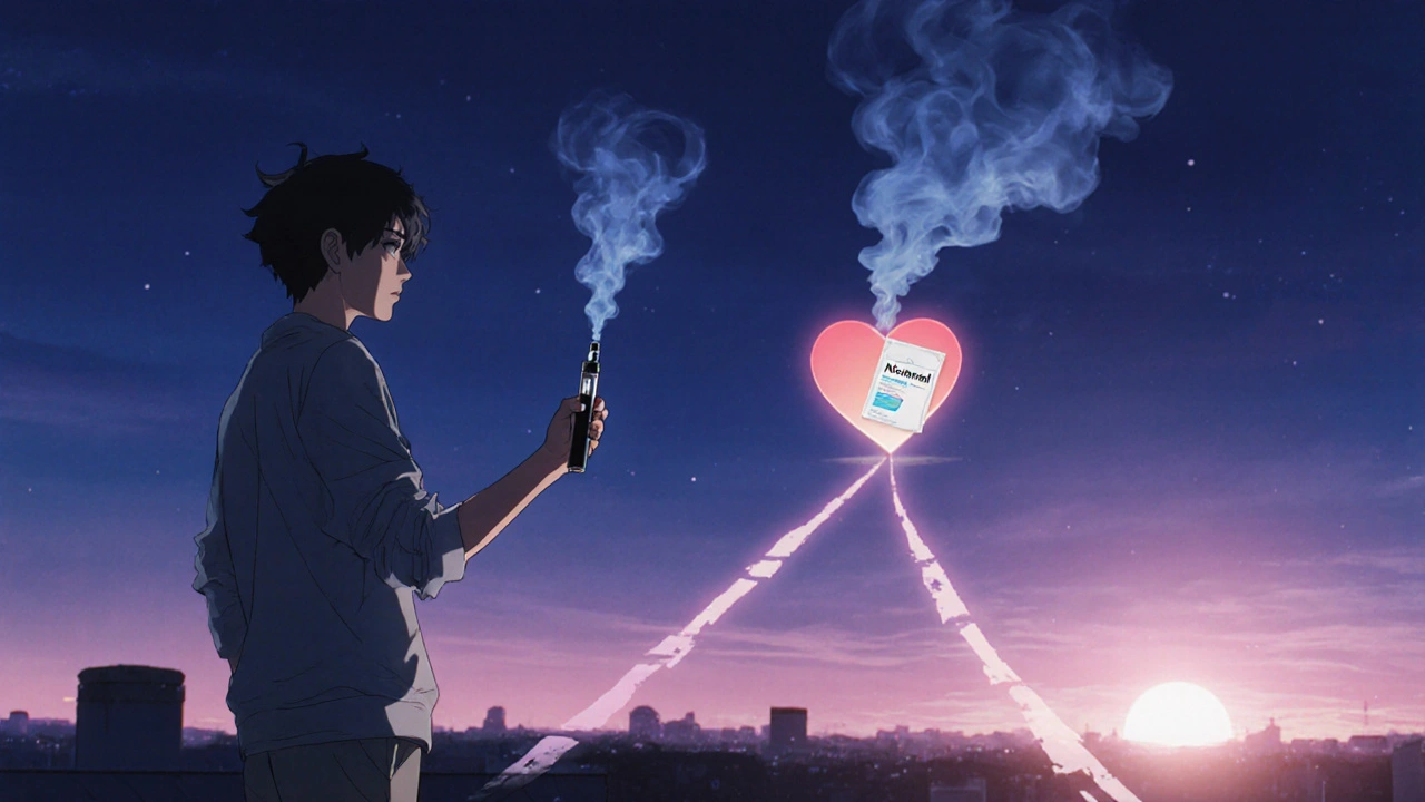 Persona en un tejado sosteniendo un vape y un parche de nicotina, con dos caminos luminosos hacia el amanecer.