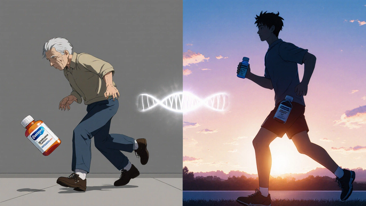 Persona mayor cayendo por somnolencia vs. adulto joven activo con antihistamínico sin sueño.