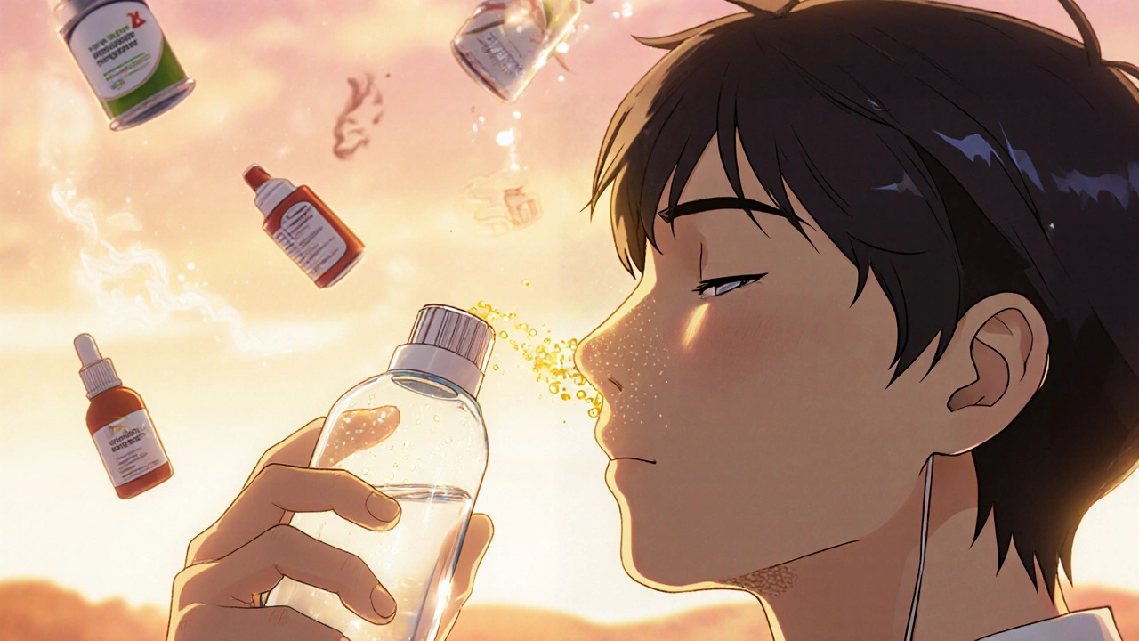 Persona realizando riego nasal con suero, mientras irritantes desaparecen y tratamientos efectivos brillan suavemente.