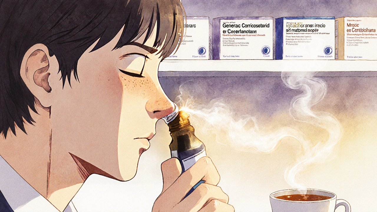 Persona usando correctamente aerosol nasal, con efecto antiinflamatorio visualizado.