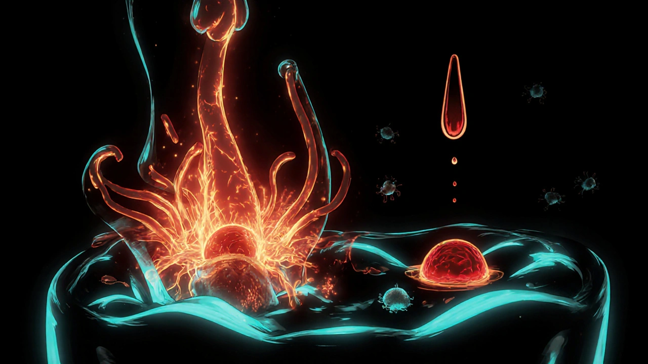 Sección ilustrada de la nariz con canales TRPV1 activados por una sustancia picante, en estilo anime médico.