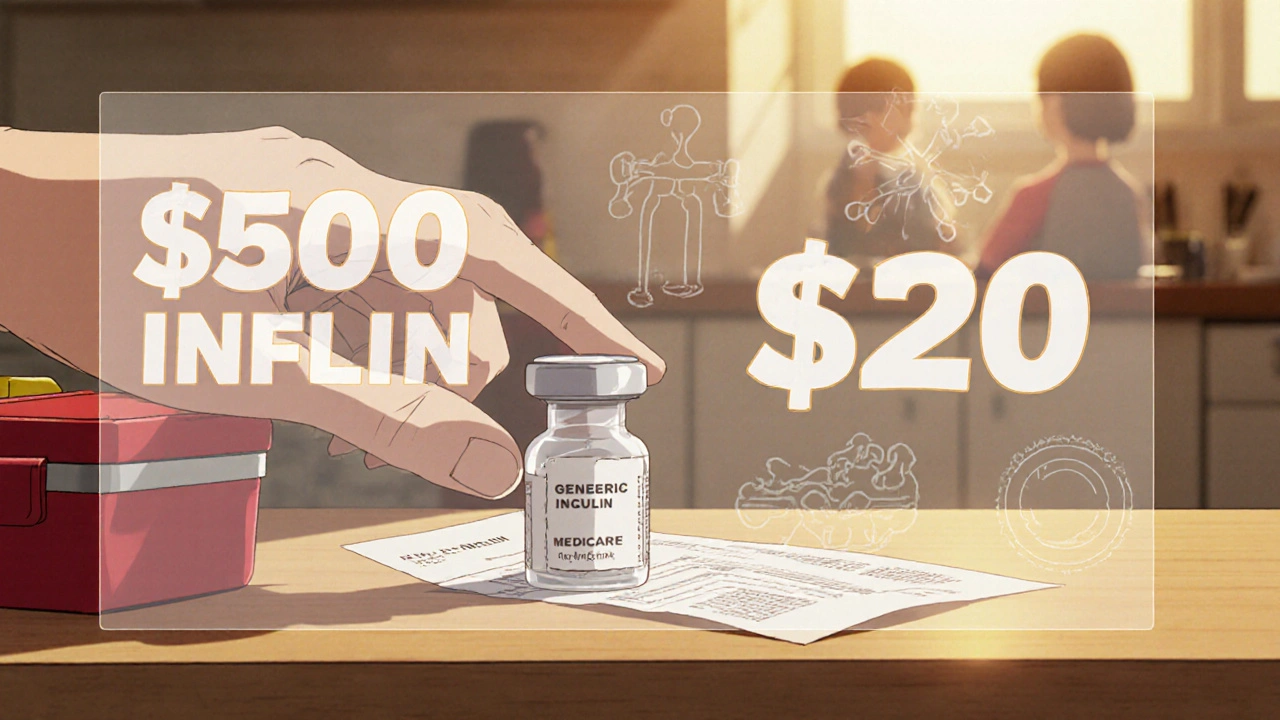 Vial de insulina genérica junto a un almuerzo, con caída de precio visible.