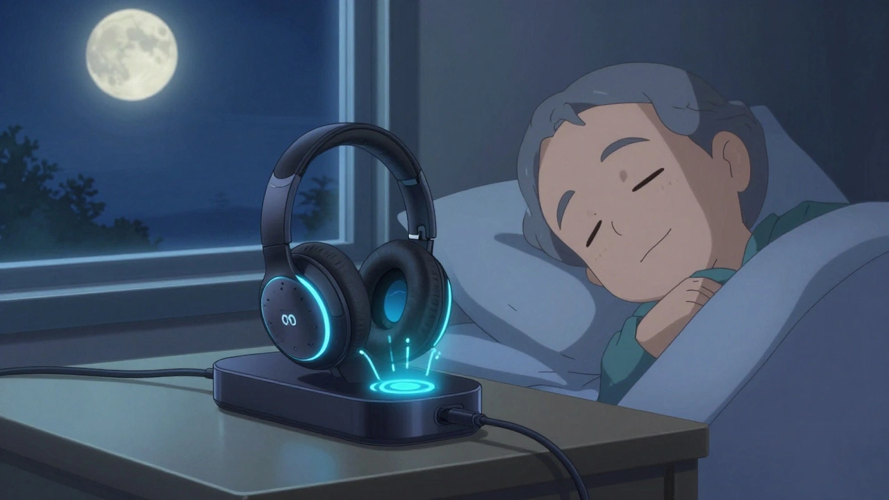 Audífono recargable cargándose en una estación con luz azul suave, persona durmiendo tranquila.