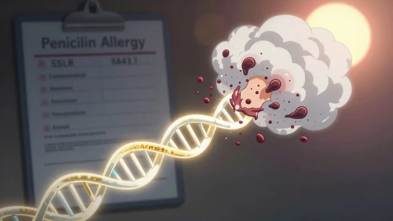 Cadena de ADN con mutación brillante generando metabolitos tóxicos que se convierten en una erupción, con un cambio de diagnóstico al fondo.