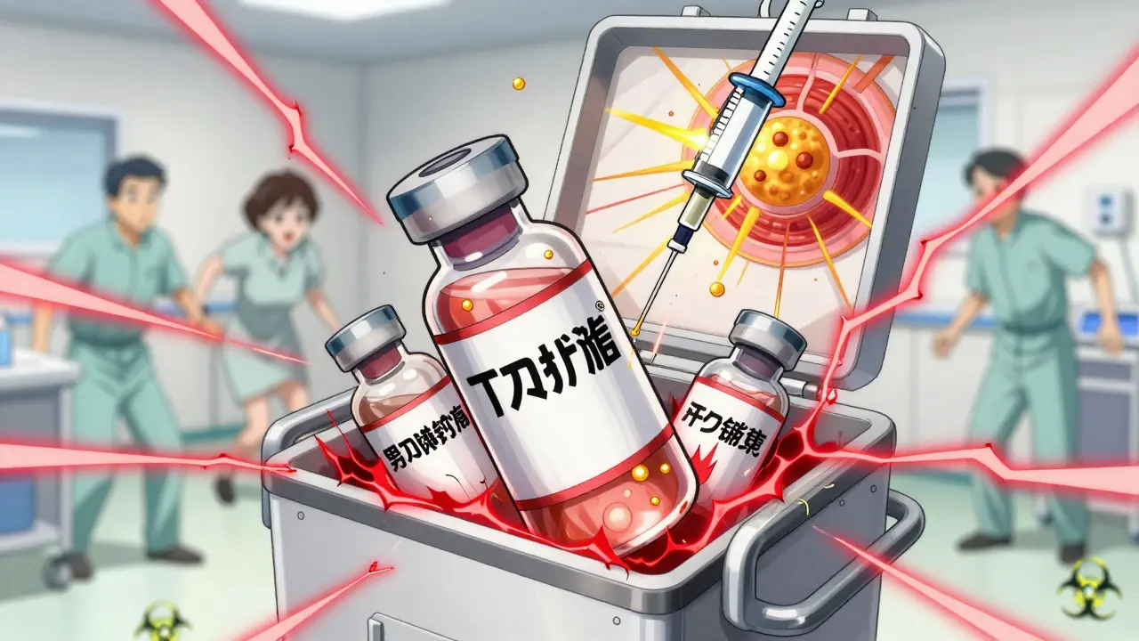 Carrito de emergencia abierto con viales de dantroleno y partículas de calcio en explosión.