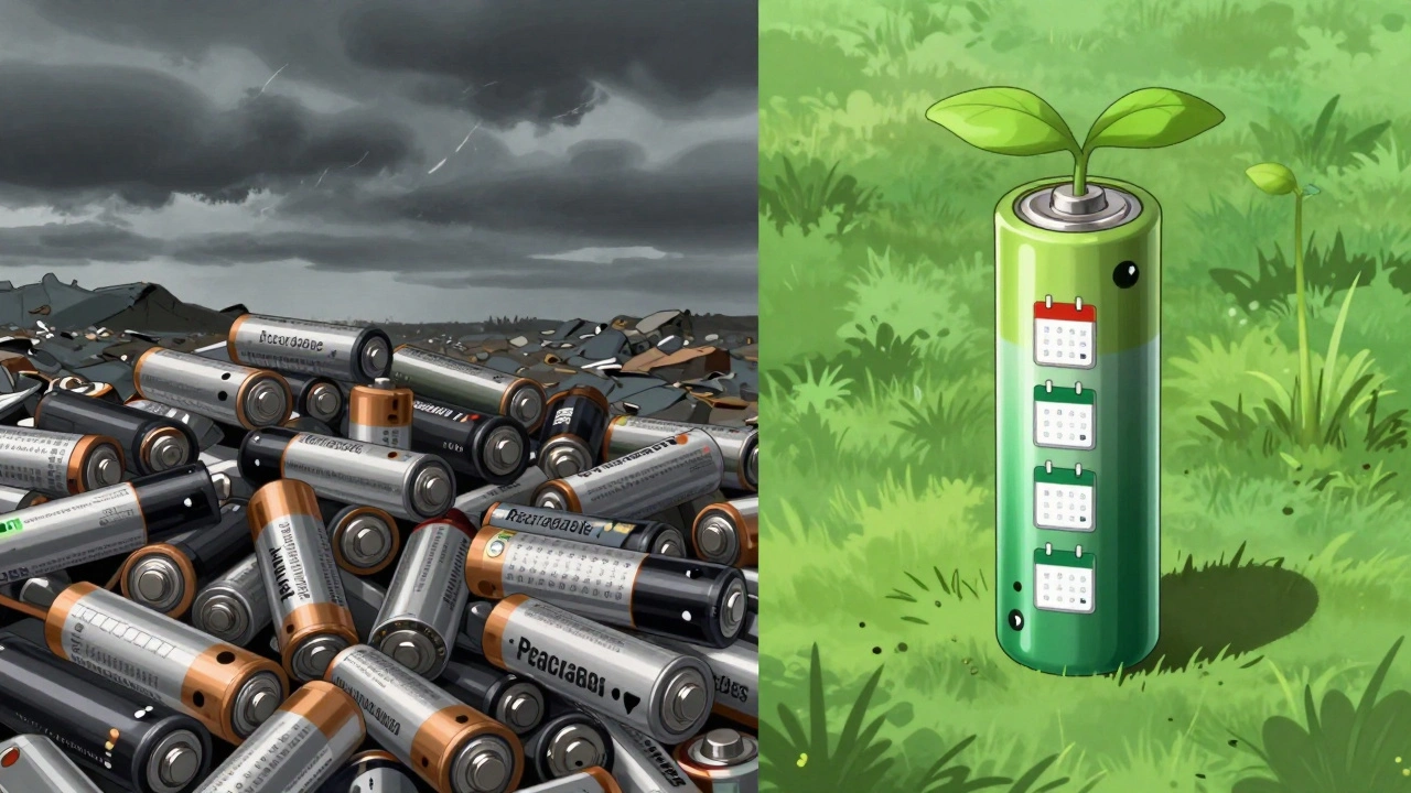 Comparación visual: montón de pilas desechables en vertedero vs. una batería recargable reutilizada.