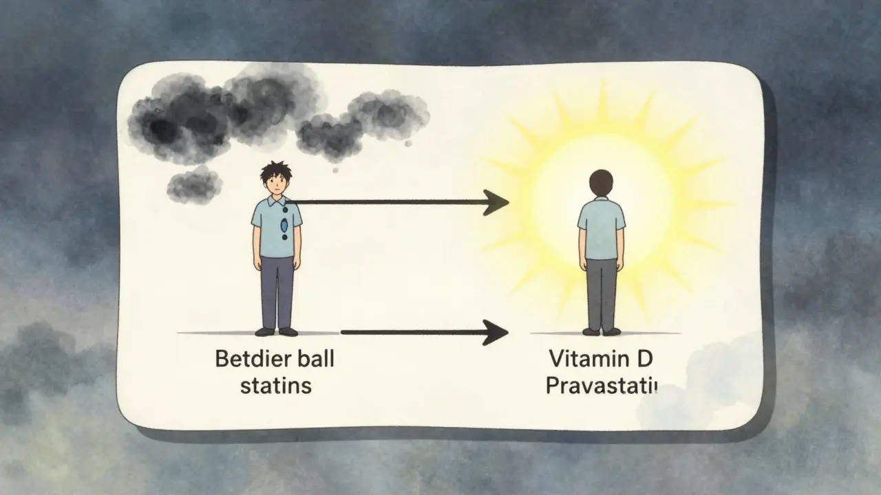 Diagrama médico con dos caminos: uno oscuro por abandono de medicación, otro luminoso con suplementación y cambio de estatina.