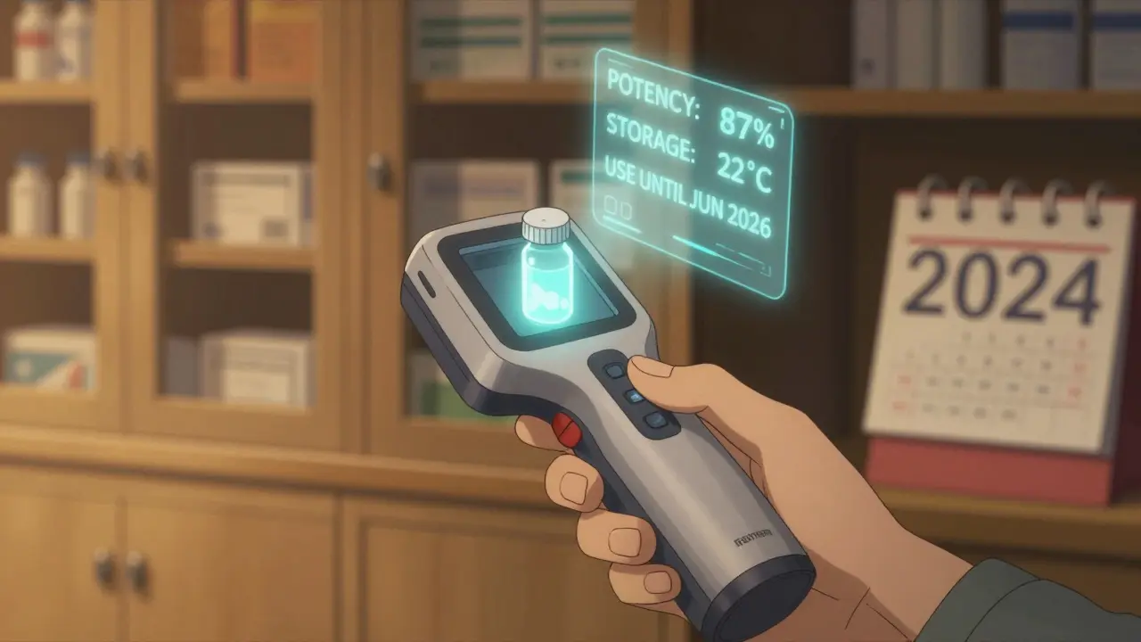 Dispositivo portátil mide la potencia de un medicamento, mostrando datos en pantalla digital.