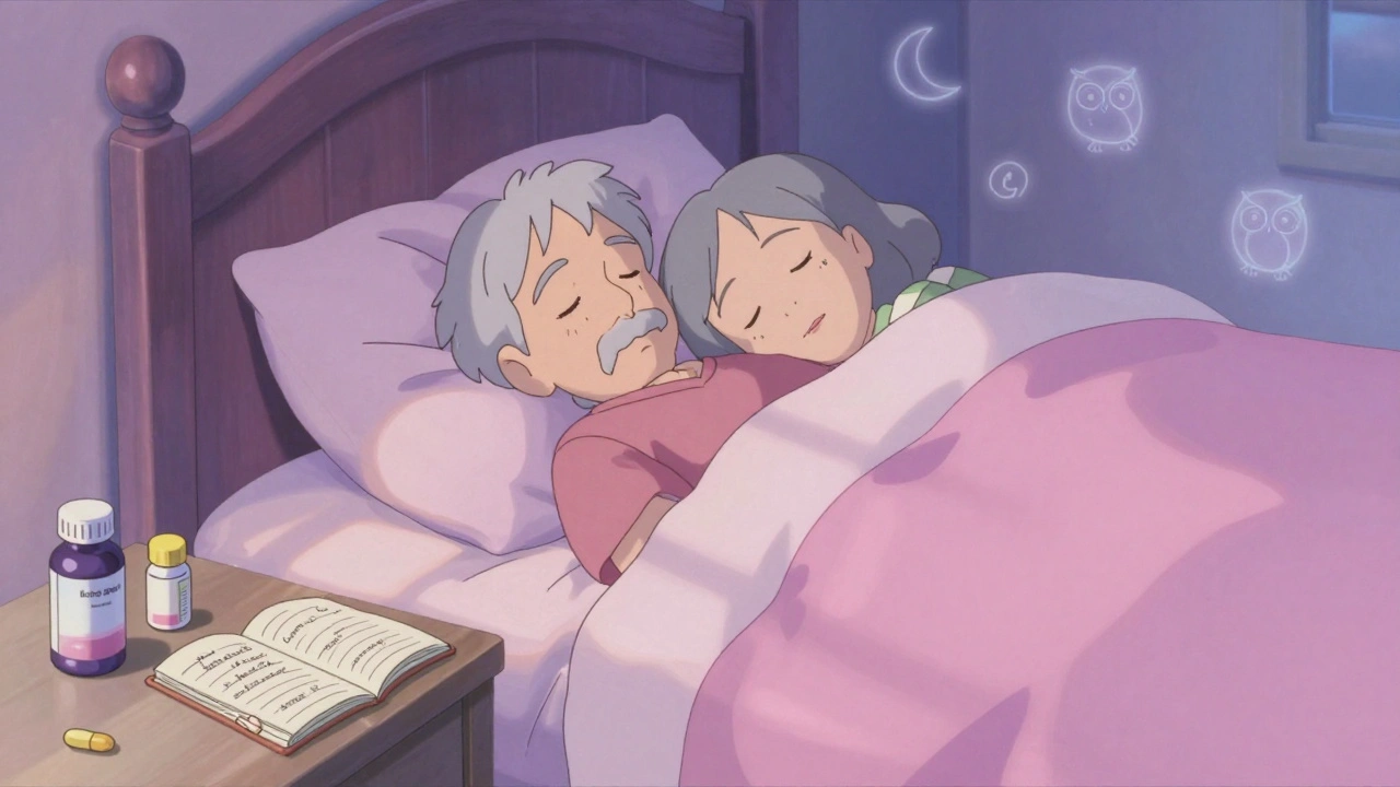 Dormitorio tranquilo al amanecer con diario de sueño y pastillas seguras sobre la mesita.