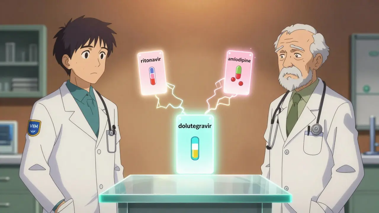 Dos médicos discuten medicamentos peligrosos y seguros sobre una mesa transparente con cartas flotantes.