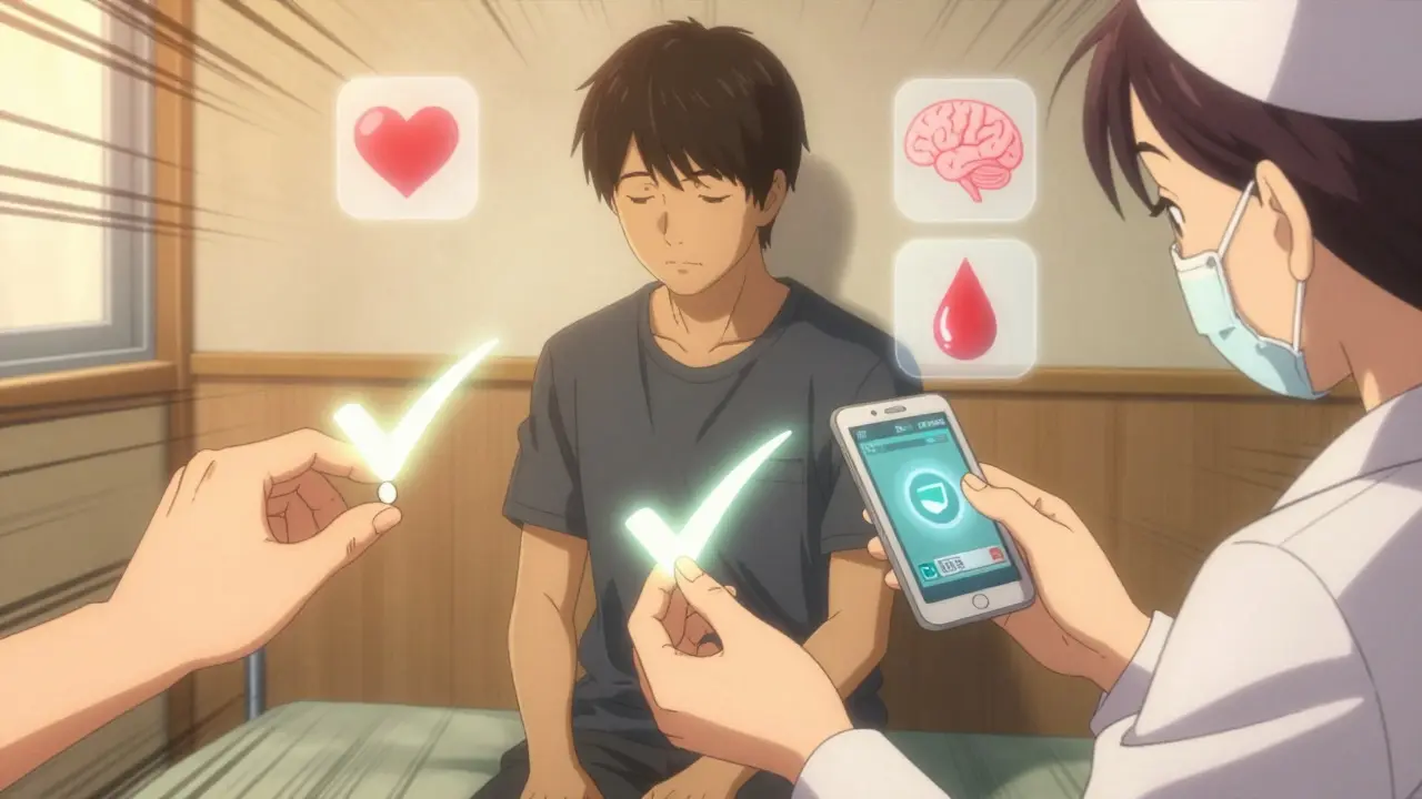 Enfermera verificando medicamentos con tres acciones precisas y símbolos flotantes de salud.