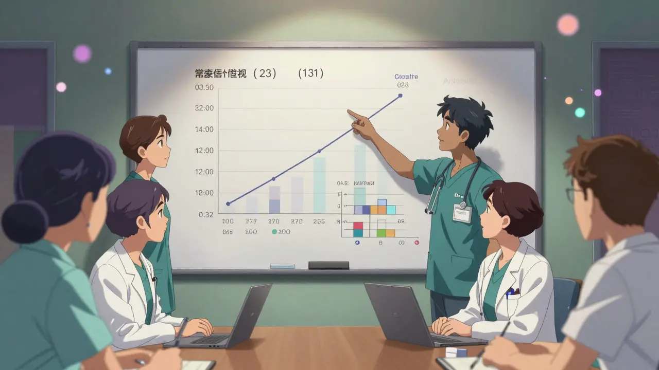 Equipo de salud revisa un tablero con fechas de expiración de patentes y gráficos de ahorros.