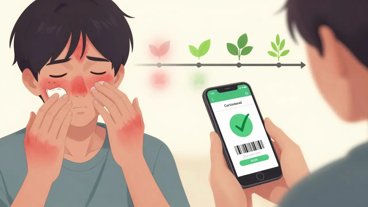 Escena dividida: piel empeorando con crema vs. persona escaneando app que indica ingredientes seguros.