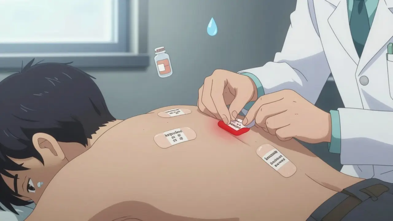 Espalda con parches de prueba de alergia, uno retirado mostrando una reacción roja leve.