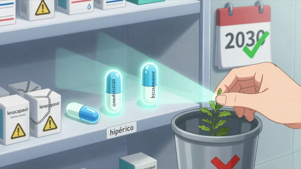 Estante de farmacia donde nuevos fármacos contra el VIH reemplazan a los antiguos con símbolos de advertencia.