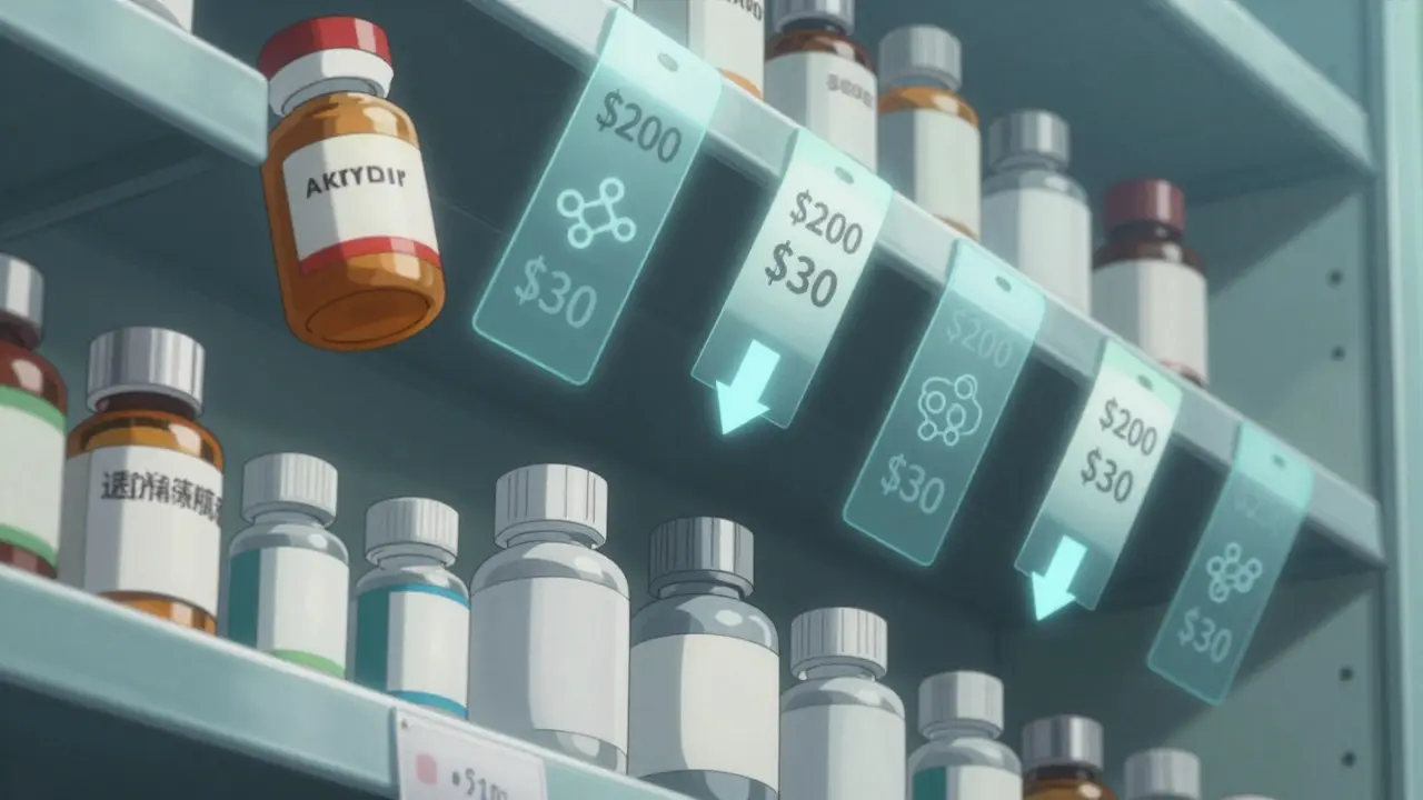 Estantería de farmacia donde un medicamento de marca se transforma en versiones genéricas más baratas.