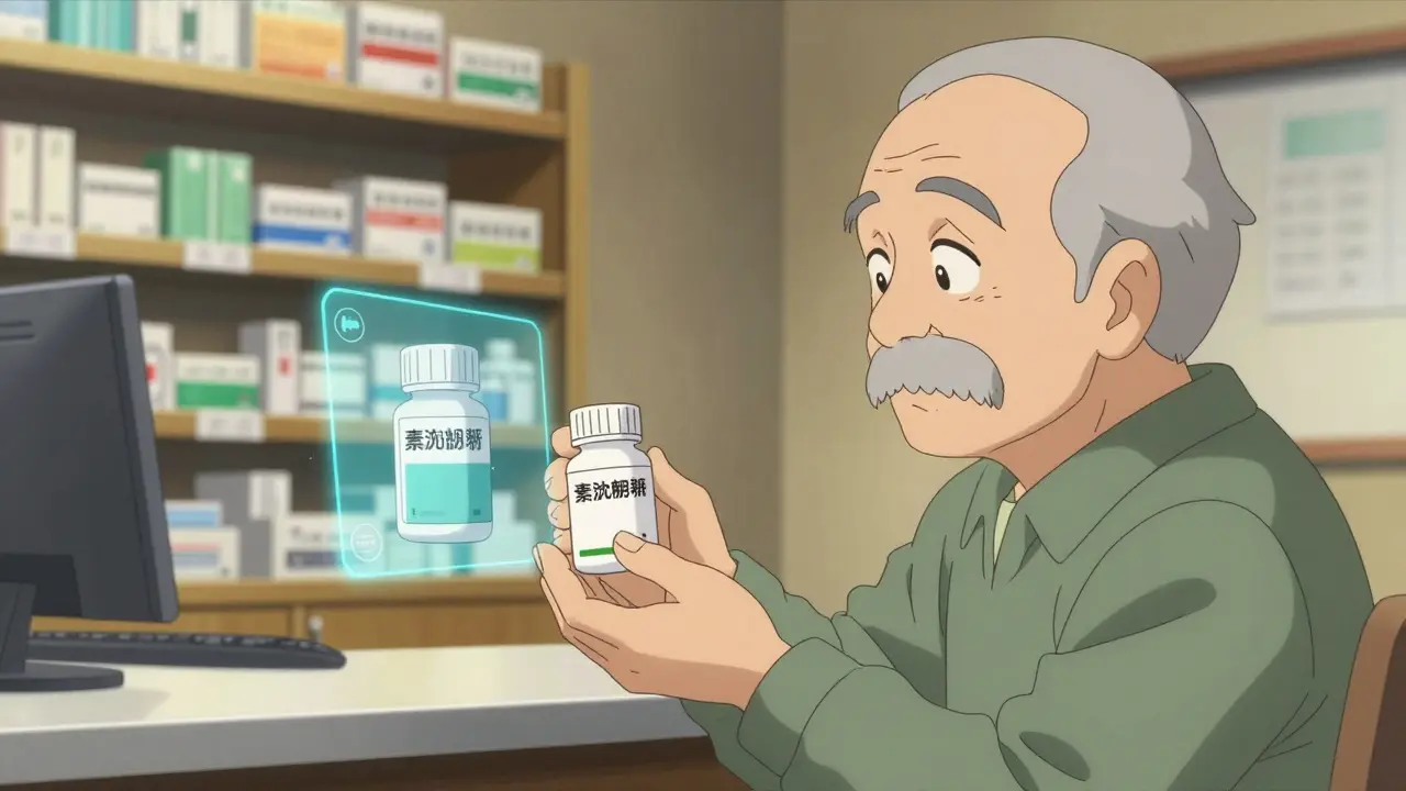 Farmacéutico entregando un medicamento genérico autorizado a un paciente mayor.