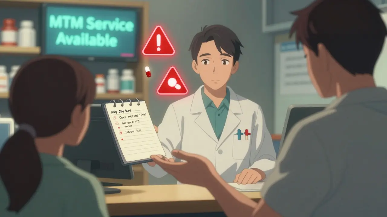 Farmacéutico revisa medicamentos con paciente, advertencias flotantes y diario de síntomas al lado.