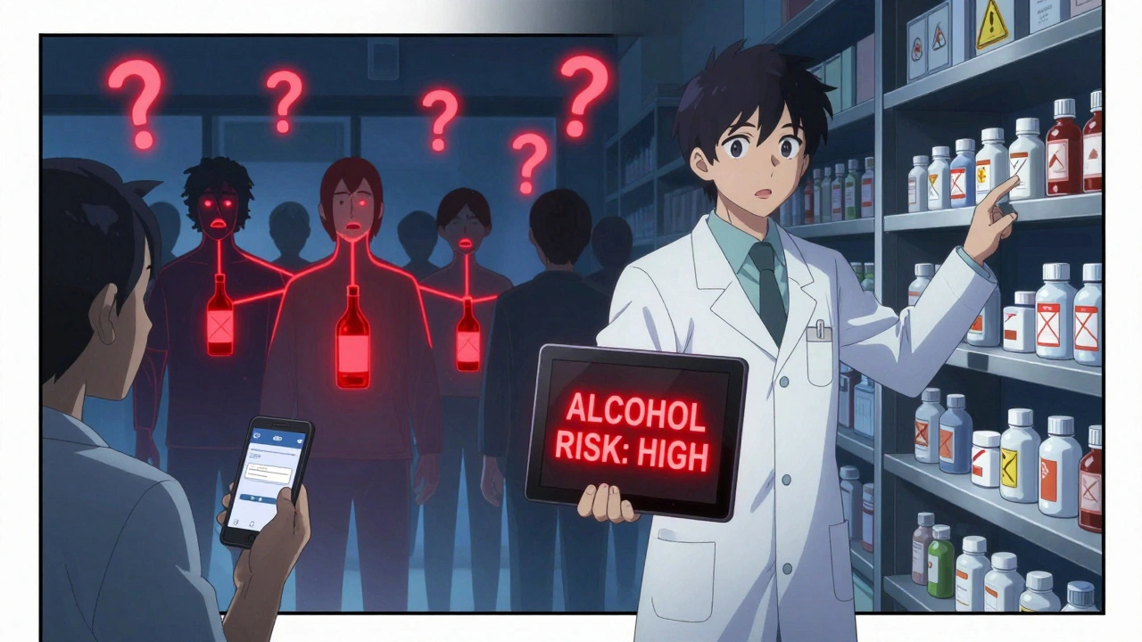 Farmacéutico señalando alertas de riesgo de alcohol en medicamentos, pacientes conectados por líneas rojas y app en pantalla.
