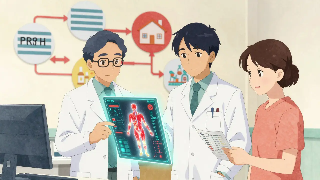 Farmacéutico y médico revisan un gráfico digital de interacciones medicamentosas con paciente satisfecho.