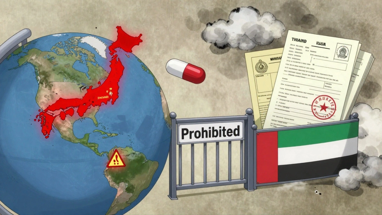 Globo con advertencias rojas sobre países prohibidos y documentos como puente de acceso.