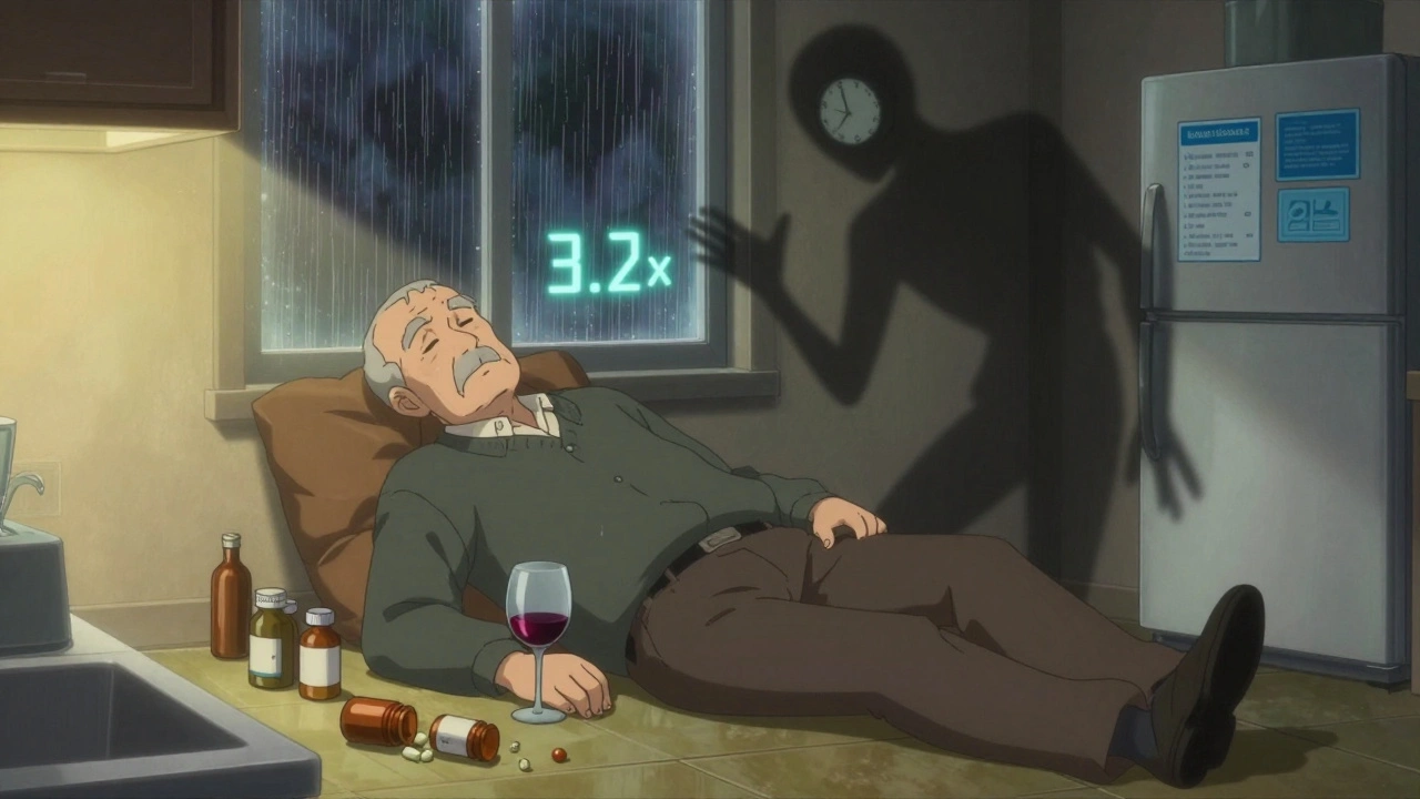 Hombre mayor colapsando en la cocina entre botellas de medicamentos y un vaso de vino, con sombra esquelética y reloj.