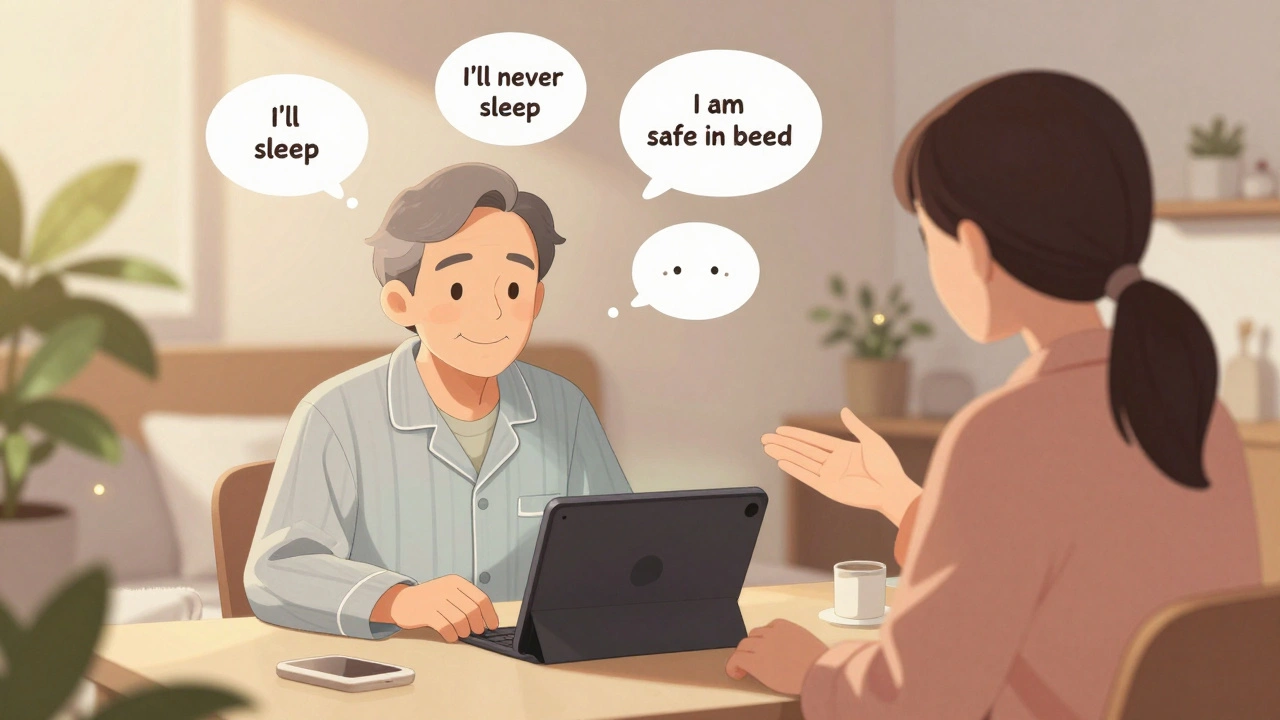 Hombre mayor en videoconsulta con terapeuta que lo guía para mejorar su sueño.