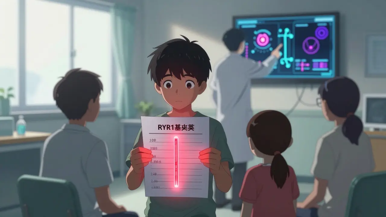 Joven con informe genético de mutación RYR1, doctor señala herramientas CRISPR en el fondo.