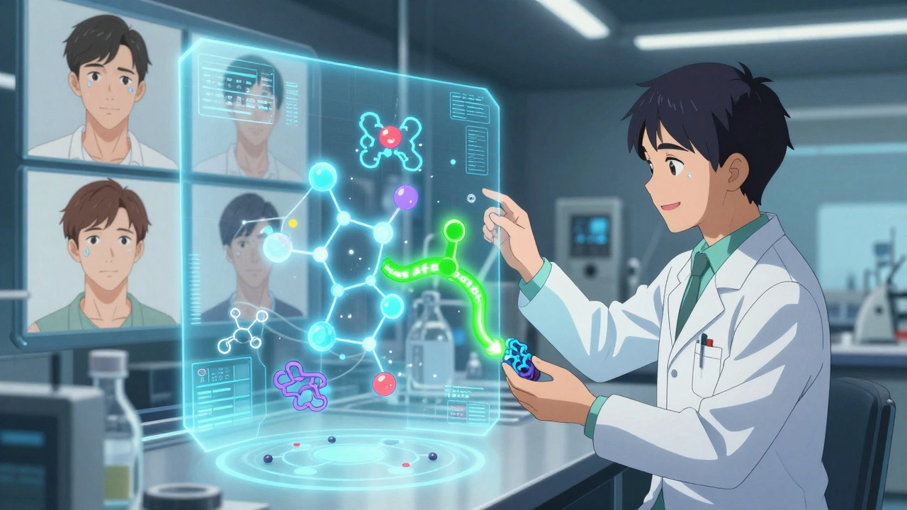 Laboratorio futurista con IA analizando interacciones de fármacos, mostrando vías seguras y peligrosas.