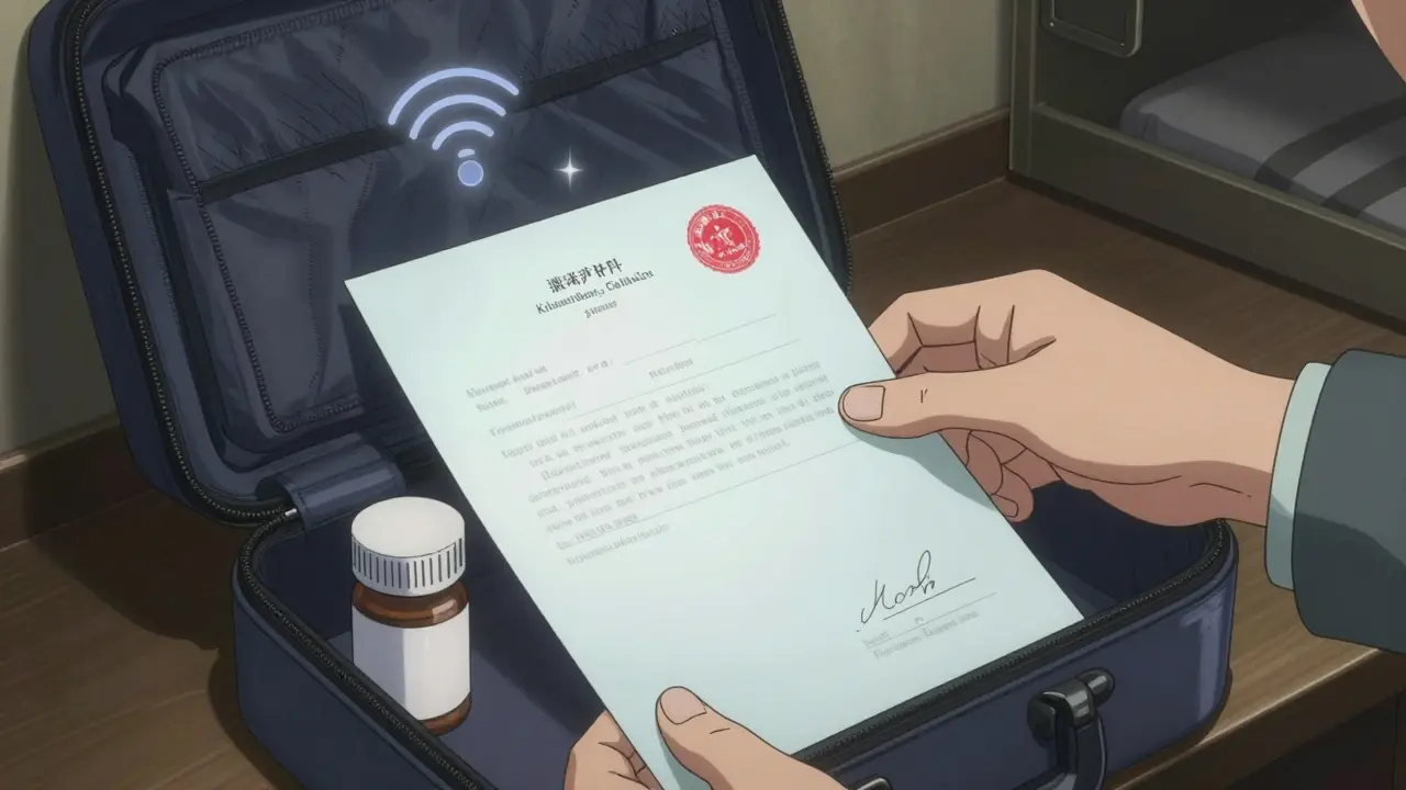 Mano colocando carta médica y frasco original en estuche de viaje seguro.