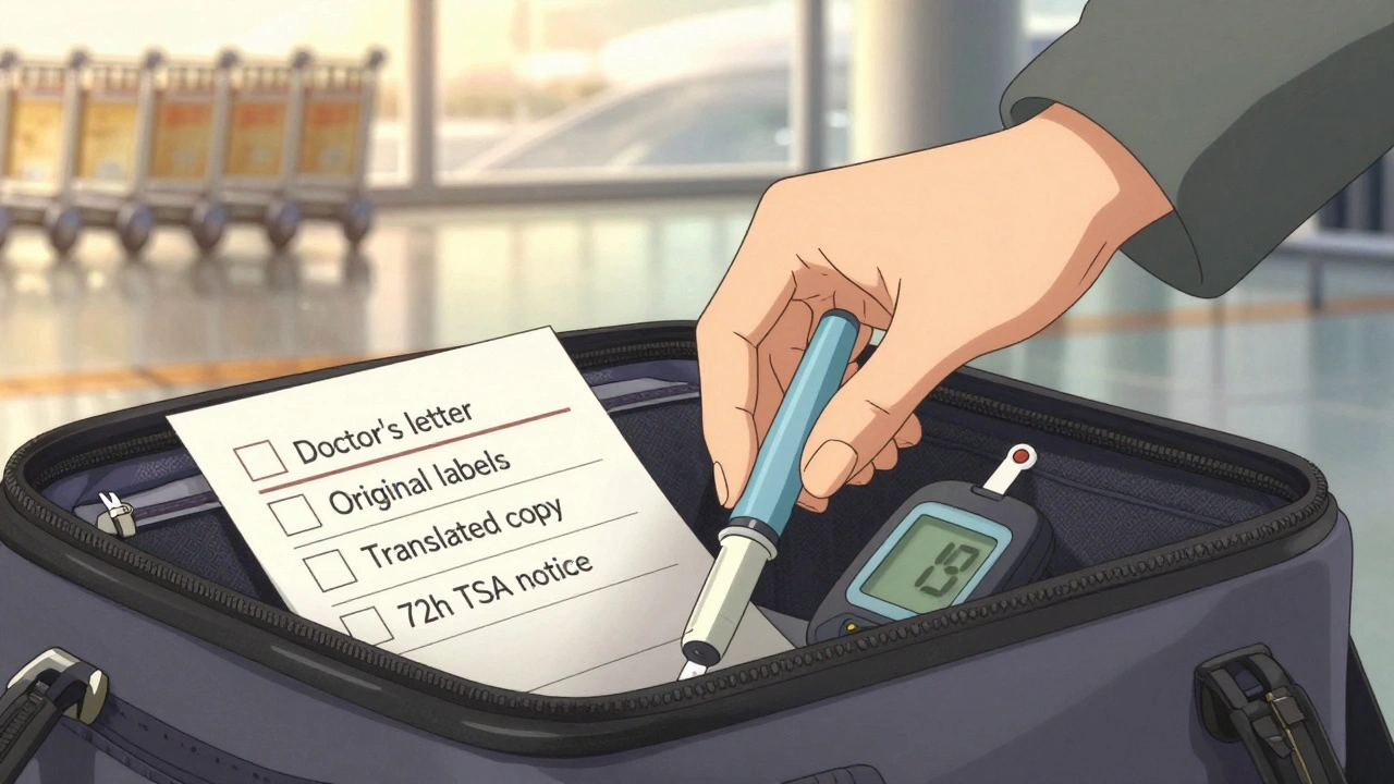 Mano colocando insulina y monitor en maleta con checklist de preparación para viaje.