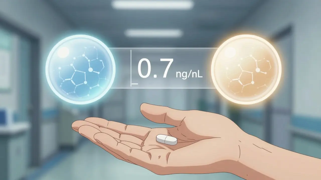 Mano sostiene pastilla genérica junto a imagen molecular idéntica a la de marca.