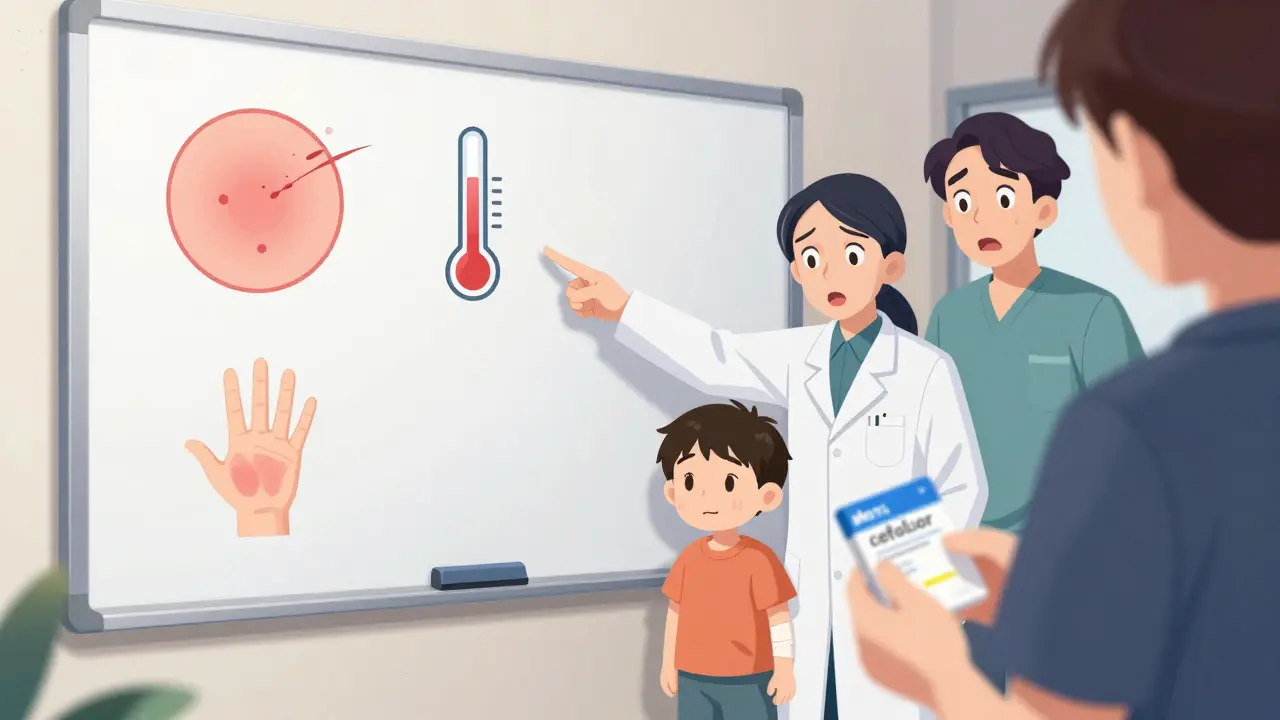 Médico explica tres síntomas clave de una reacción tipo síndrome de suero en una pizarra médica.