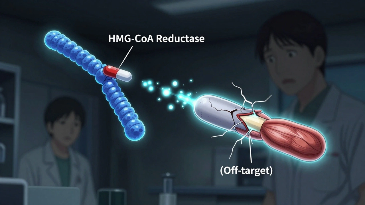 Molécula de estatina unida erróneamente a proteína muscular, generando daño celular con efectos visuales.
