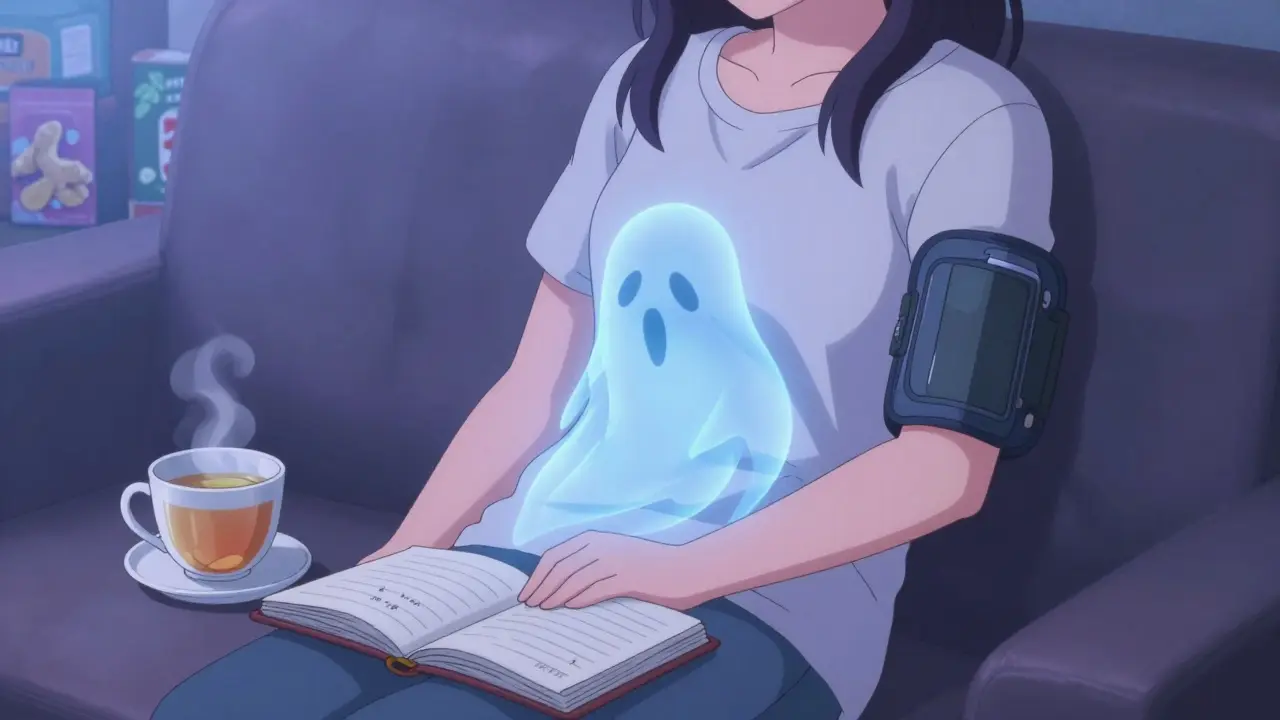 Mujer con pulsera de acupresión y té de jengibre, diario abierto junto a ella.