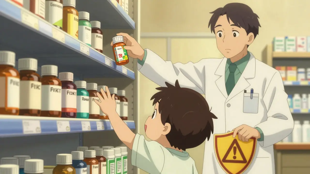 Niño intentando alcanzar pastillas de adulto mientras un farmacéutico lo detiene con medicamento infantil.