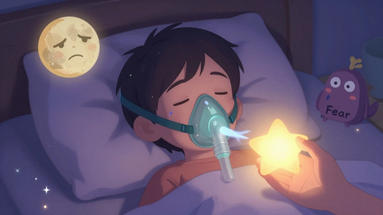 Niño usando una máscara CPAP por la noche, rodeado de símbolos de miedo y consuelo en estilo anime.