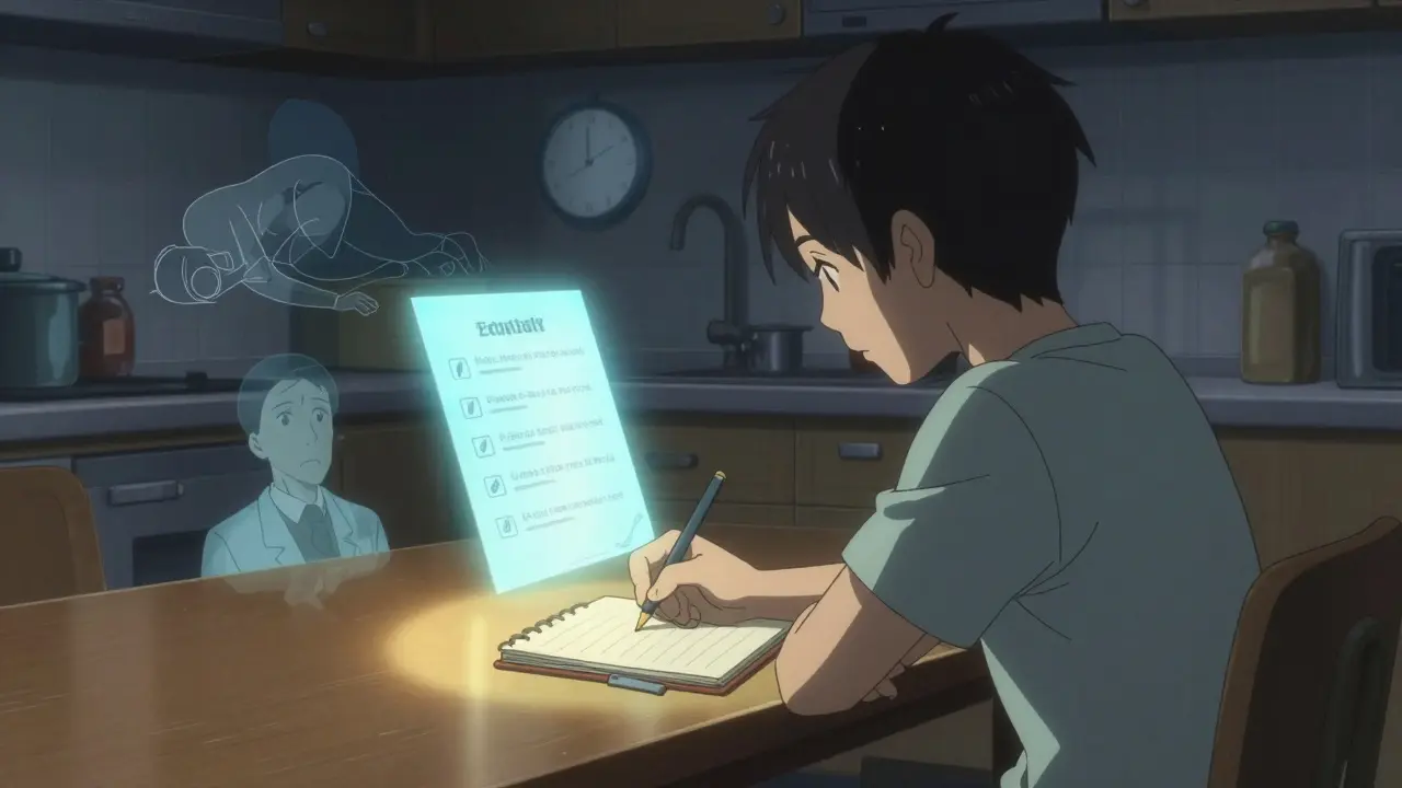 Paciente anota síntomas en un diario nocturno, con superposiciones transparentes de eventos pasados.
