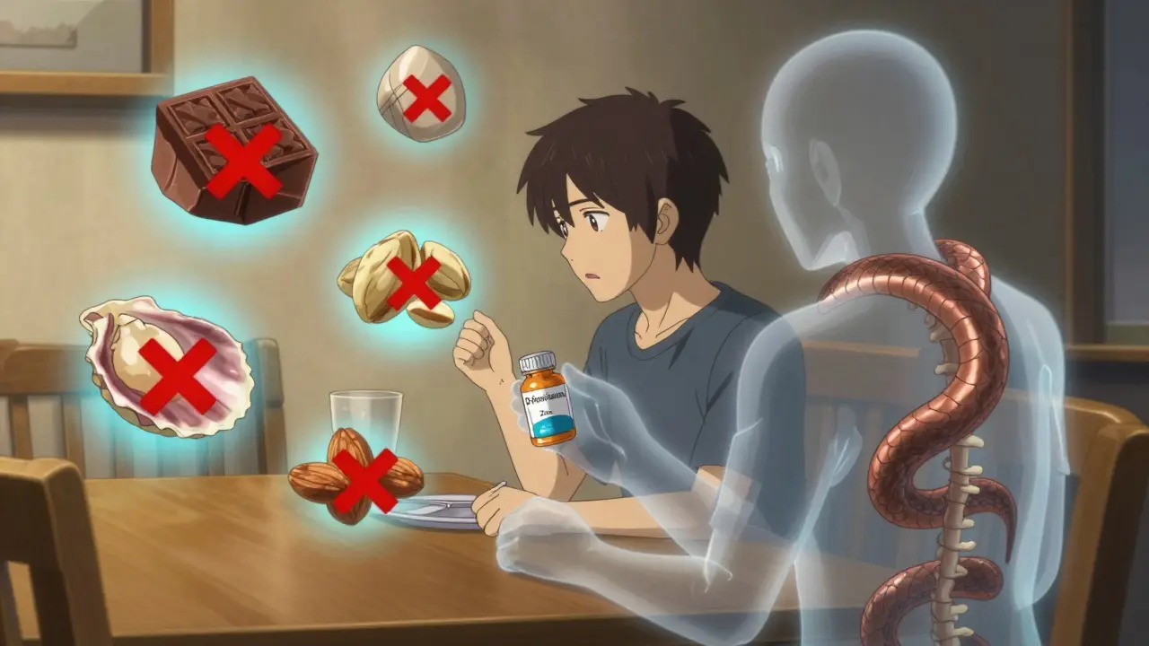 Paciente en una cena rodeado de alimentos prohibidos y medicamentos para la enfermedad de Wilson.