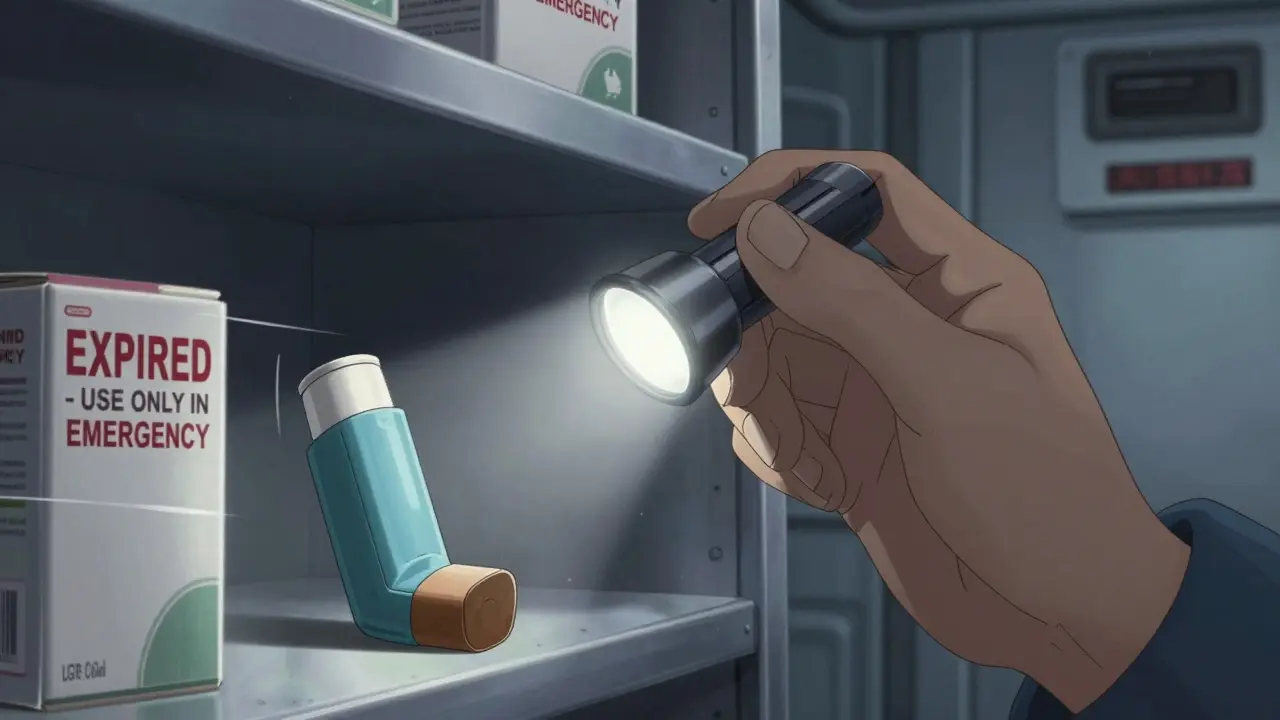 Paramédico inspecciona inhaladores caducados en una ambulancia, buscando los que aún son seguros para usar.